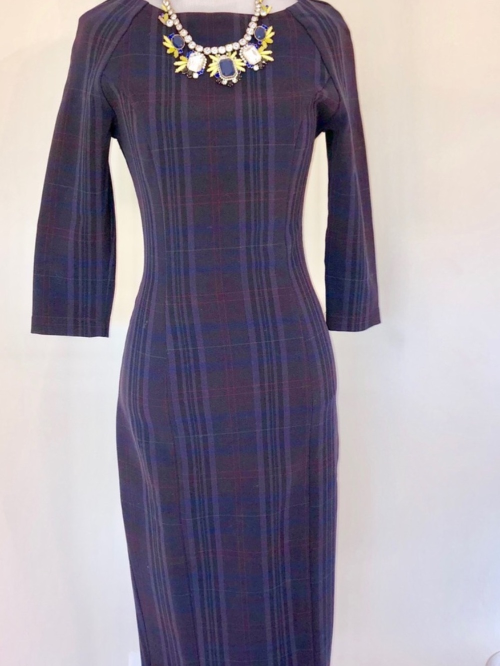Plaid Long-Sleeve Sheath Dress in Navy and Black